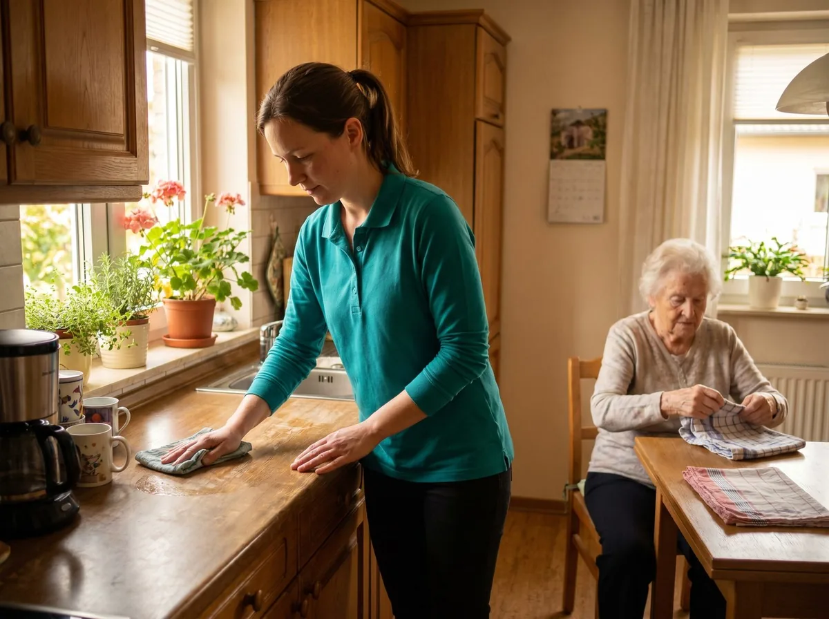Eine Seniorin wird zu Hause von einer AmiVio-Mitarbeiterin versorgt.