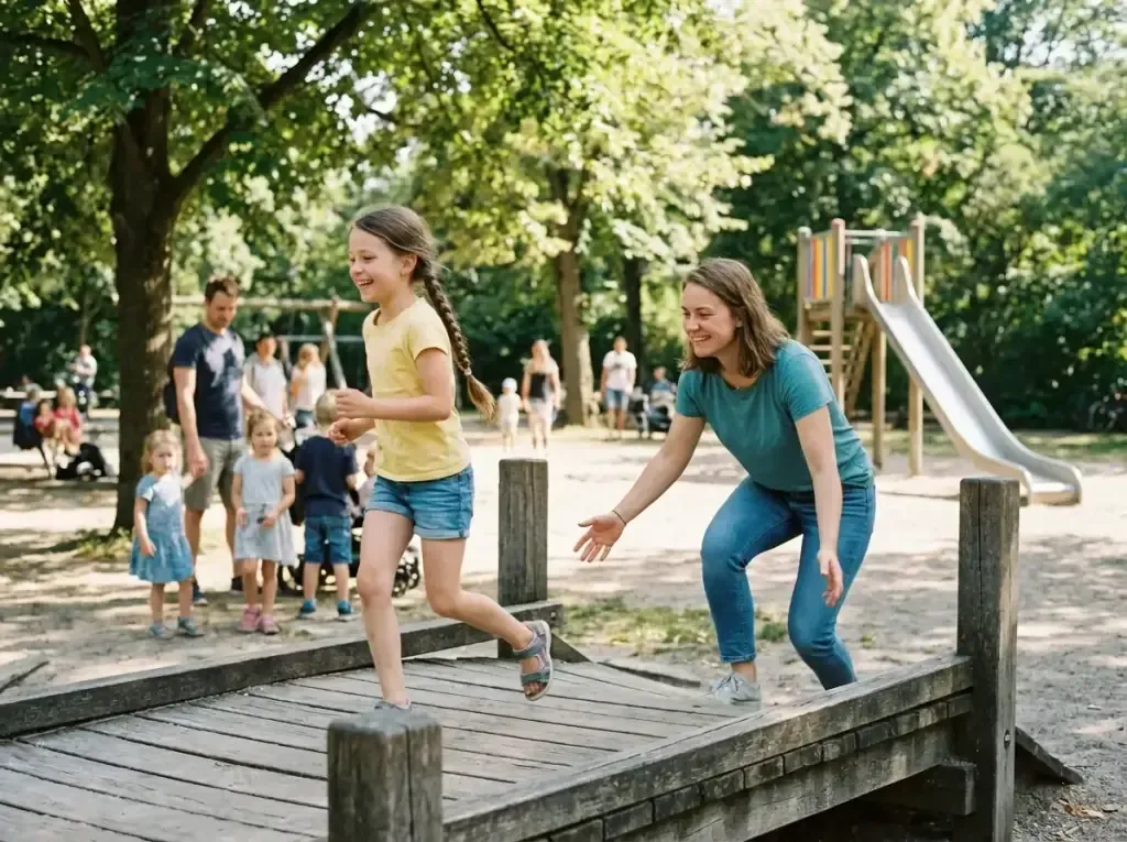 Ein Mädchen lacht beim Spielen auf dem Spielplatz, eine Bezugsperson begleitet es und geht lachend nebenher.