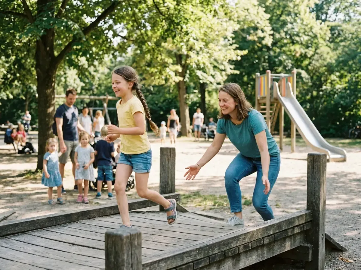 Eine Bezugsperson geht mit einem Kind auf den Spielplatz und begleitet es beim Spielen.