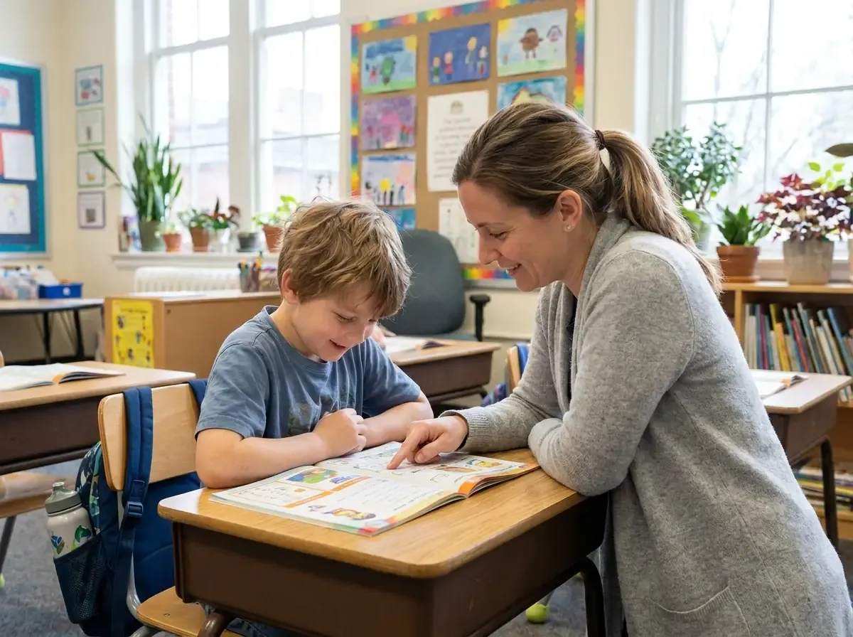 Eine Bezugsperson begleitet ein Kind zu einem Lern- oder Therapietermin und unterstützt es bei der Aufgabe.