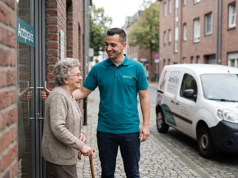AmiVio-Mitarbeiter hält einer Seniorin mit Spazierstock die Tür zu einer Arztpraxis in Aachen auf, der weiße AmiVio-Transporter parkt im Hintergrund.