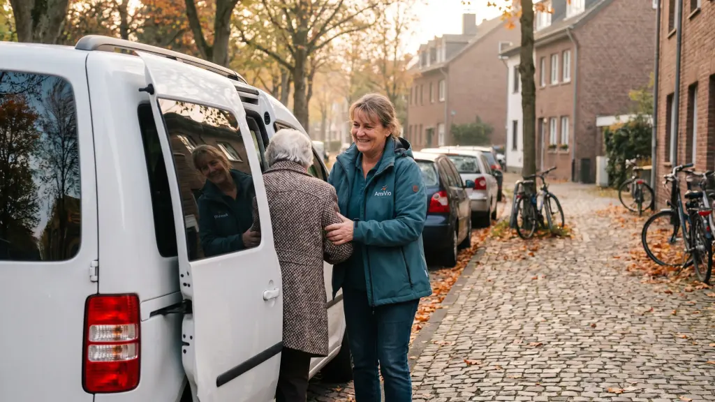 AmiVio-Mitarbeiterin hilft einer Seniorin in einen weißen Transporter vor einer Wohnstraße in Aachen.