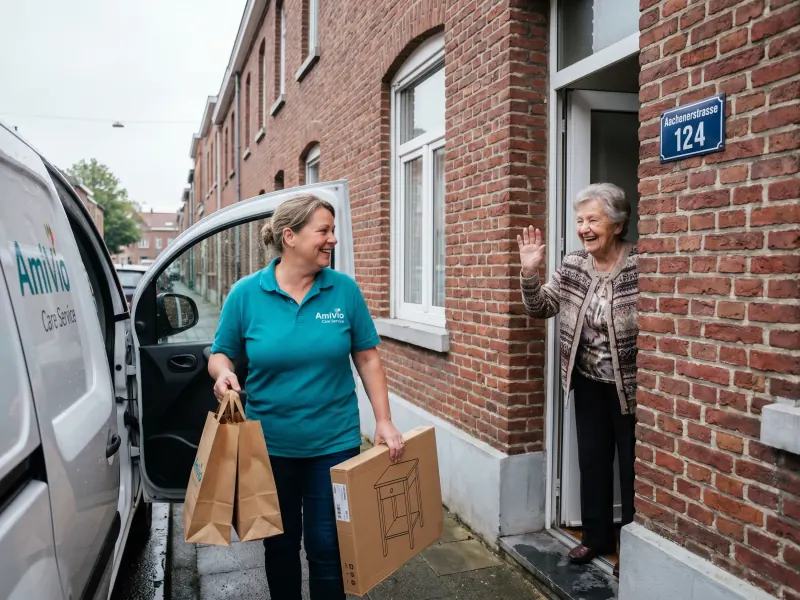 AmiVio-Mitarbeiterin bringt Einkaufstüten und einen Möbelkarton zur Haustür einer Seniorin in Aachen.